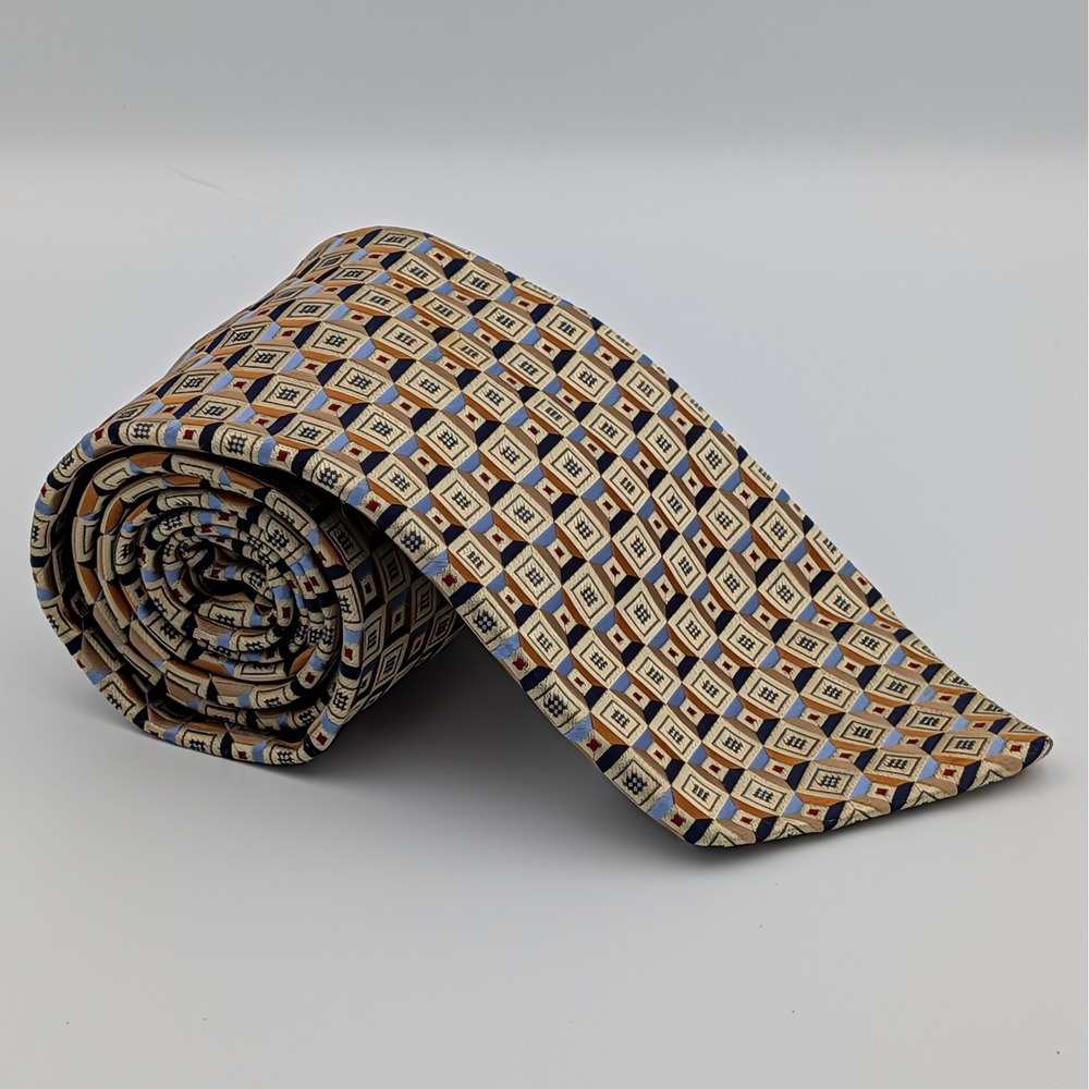 Bruno Piattelli XL Silk Tie Yellow Gold Geometric Pattern Jacquard Handmade 65"